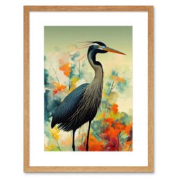 "Artery8 Wall Art Print Heron Bird in Abstract Flower Field Colourful Teal Orange Navy Artwork Framed 9X7 Inch in Beige - Size: W7"" x H9""" - thumbnail 1
