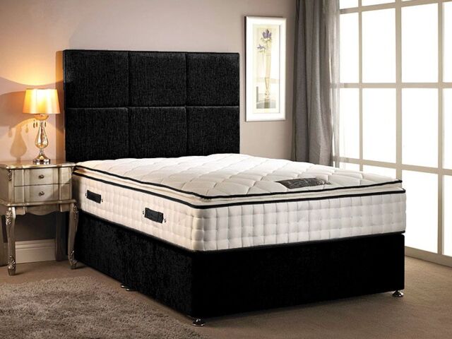 Somnior Layla Chenille Orthopaedic Pillow Top Divan Bed Set with Headboard in Black - Size: Double
