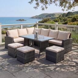 Home Garden Direct Pelias - Rattan Corner Sofa with Rectangular Table Dining Set - 9 Seater - Beige Cushions
