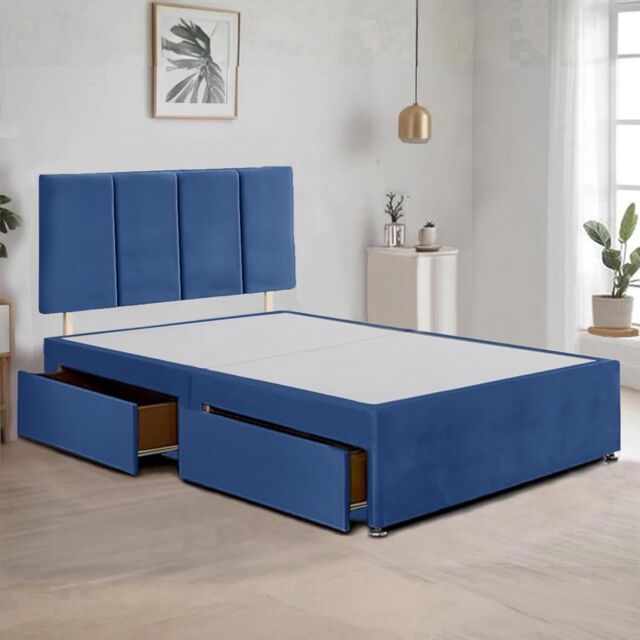 "Bed Time UK Plush Divan Bed Frame with 2 Drawers & 20"" Vertical Line Headboard in Blue - Size: Super King" - image 1