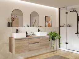Vente-unique Wall-Hung Bathroom Unit With Double Basin - Light Natural - 150 Cm in Light Oak - thumbnail 1