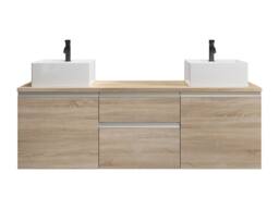 Vente-unique Wall-Hung Bathroom Unit With Double Basin - Light Natural - 150 Cm in Light Oak - thumbnail 2