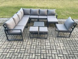 Fimous 11 Seater Patio Outdoor Garden Furniture Aluminium Lounge Corner Sofa Set with Square Coffee Table 3 Footstools Dark Grey - thumbnail 2
