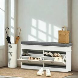 Pirlo Plush Modern Shoe Storage Bench With Cushioned Seat & Storage Drawers in White - thumbnail 3