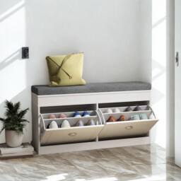 Pirlo Plush Modern Shoe Storage Bench With Cushioned Seat & Storage Drawers in White - thumbnail 4