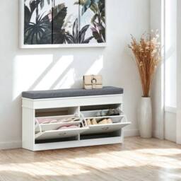Pirlo Plush Modern Shoe Storage Bench With Cushioned Seat & Storage Drawers in White