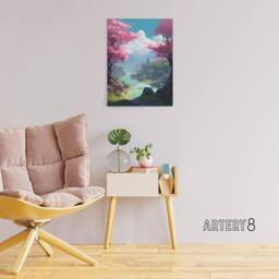 "Artery8 Cherry Blossoms In Forest Lake Landscape Canvas Wall Art Print in Blue - Size: W18"" x H24""" - thumbnail 3
