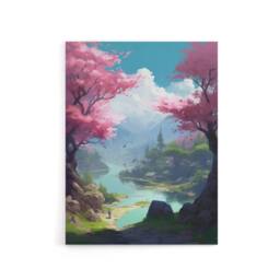 "Artery8 Cherry Blossoms In Forest Lake Landscape Canvas Wall Art Print in Blue - Size: W18"" x H24""" - thumbnail 1