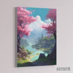 "Artery8 Cherry Blossoms In Forest Lake Landscape Canvas Wall Art Print in Blue - Size: W18"" x H24""" - thumbnail 2
