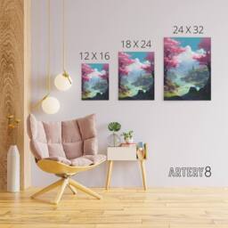 "Artery8 Cherry Blossoms In Forest Lake Landscape Canvas Wall Art Print in Blue - Size: W18"" x H24""" - thumbnail 4