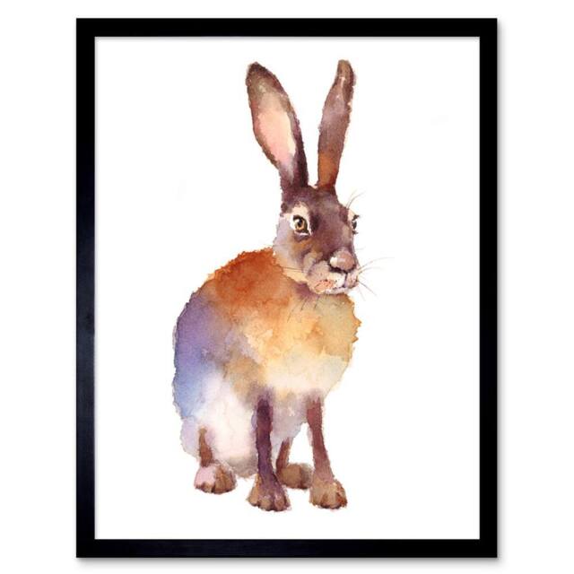 "Artery8 Large Hare Watercolour Artwork Home Decor 12x16"" Framed Wall Art Print in Brown - Size: W12"" x H16""" - image 1
