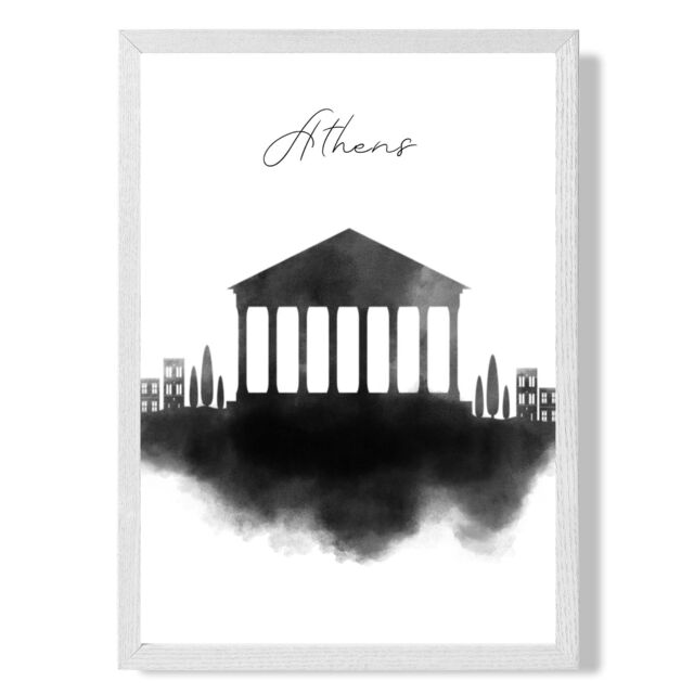 ARTZE Athens Watercolour Skyline City Framed Print SIZE: A4 with White Frame in Black - image 1