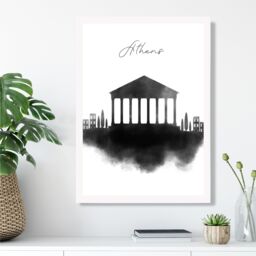 ARTZE Athens Watercolour Skyline City Framed Print SIZE: A4 with White Frame in Black - thumbnail 2