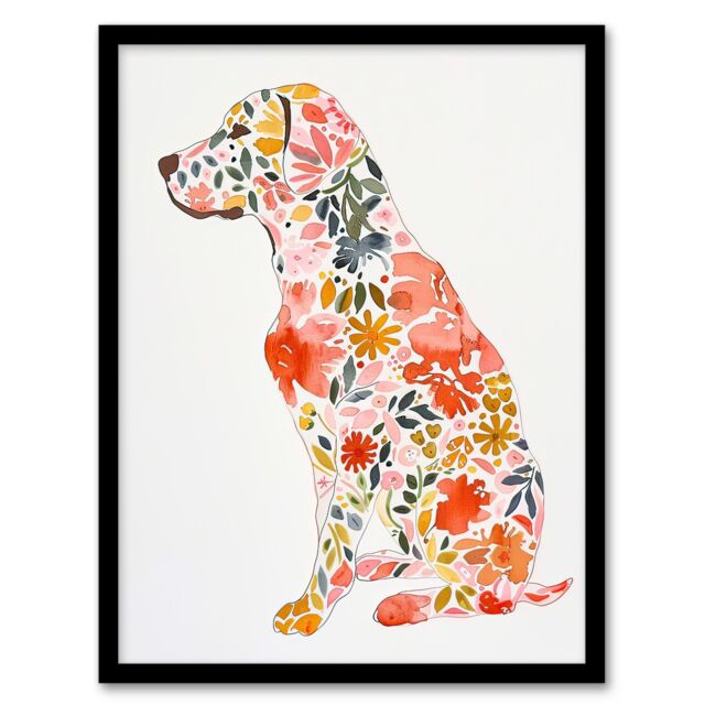 "Artery8 Labrador Dog Lover Bright Floral Pattern Portrait Framed Wall Art in Pink - Size: W12"" x H16""" - image 1