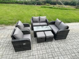 Fimous Patio Garden Furniture Sets Wicker 8 Seater Outdoor Rattan Furniture Sofa Sets with Coffee Table Reclining Chair 2 Small Footstools - thumbnail 2