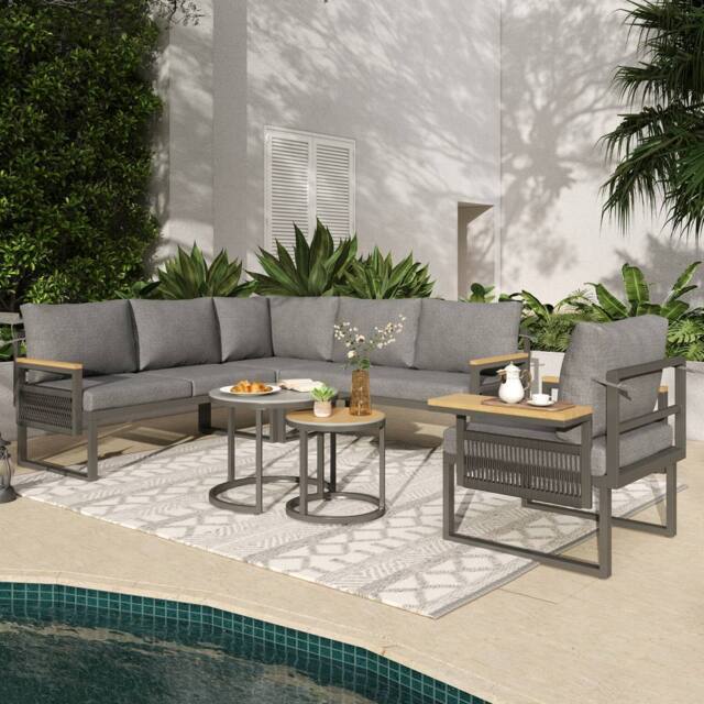 Matteo 5-6 Seater Rope Woven Outdoor Corner Sofa Set with Glass Tables, Grey - image 1