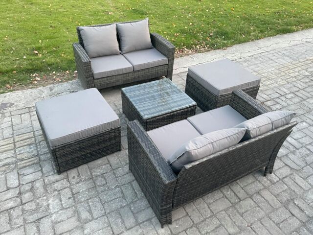 Fimous Rattan Garden Furniture Set 5 piece Patio Rattan Furniture Sofa Weaving Wicker includes 2 Double Seat Sofa, Coffee Table & 2 Big Footstool - image 1