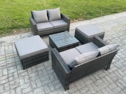 Fimous Rattan Garden Furniture Set 5 piece Patio Rattan Furniture Sofa Weaving Wicker includes 2 Double Seat Sofa, Coffee Table & 2 Big Footstool - thumbnail 1