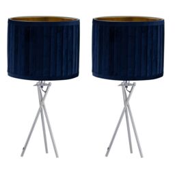 First Choice Lighting Set of 2 Sundance - Chrome Tripod Table Lamps with Navy Pleated Shades in Silver