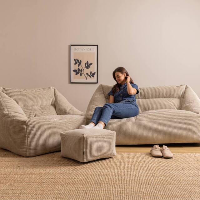 icon Bean Bag Sofa & Footstool Bundle, Jumbo Corduroy in Stone - Size: Medium - image 1