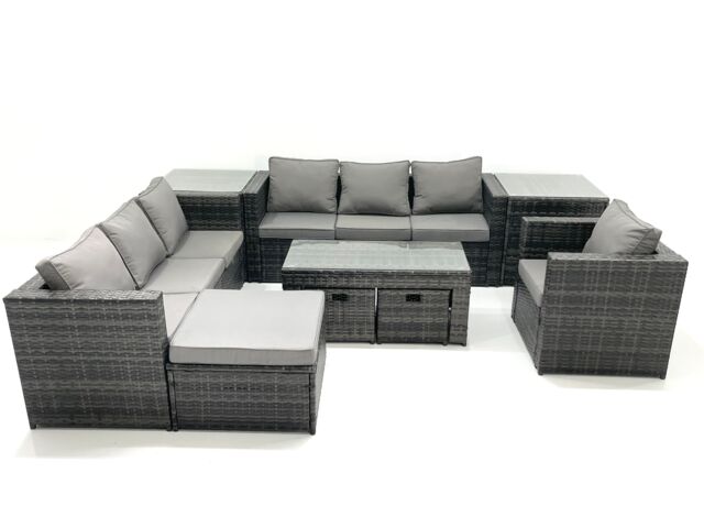 Fimous Outdoor Garden Furniture Set 10 Seater Rattan Sofa Set with Coffee Table 3 Big Footstools Armchair 2 Side Tables Dark Grey Mixed - image 1