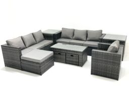Fimous Outdoor Garden Furniture Set 10 Seater Rattan Sofa Set with Coffee Table 3 Big Footstools Armchair 2 Side Tables Dark Grey Mixed - thumbnail 2