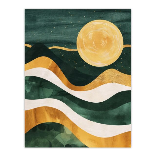 "Artery8 Full Moon Over Mountains Green Gold Boho Abstract Wall Art Print in Dark Green - Size: W24"" x H32""" - image 1