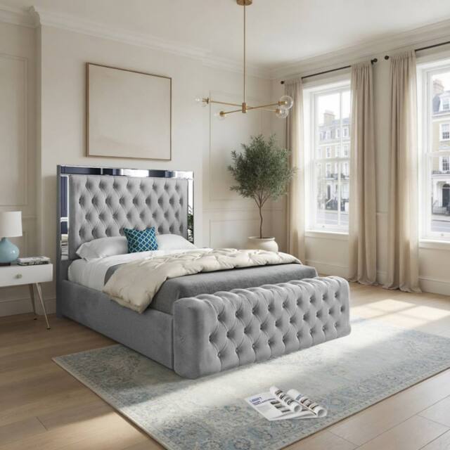 KDMD Wimborne Mirror Upholstered Grey Soft Velvet Designer Bed Frame - Size: Small Single - image 1
