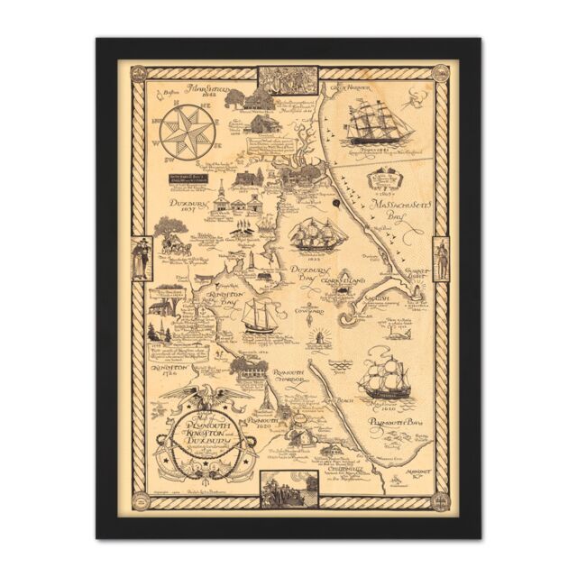 "Artery8 Wall Art Print 1929 Pictorial Map Of Plymouth Kingston & Duxbury Large Framed Wall Décor Art in White - Size: W18"" x H24""" - image 1