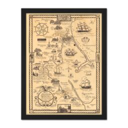 "Artery8 Wall Art Print 1929 Pictorial Map Of Plymouth Kingston & Duxbury Large Framed Wall Décor Art in White - Size: W18"" x H24""" - thumbnail 1