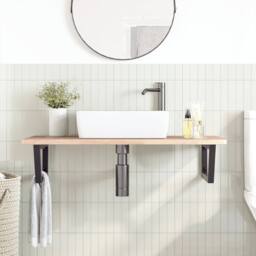 Berkfield Home Basin Shelf Wall Mounted Steel & Solid Wood Oak in Light Brown - thumbnail 3