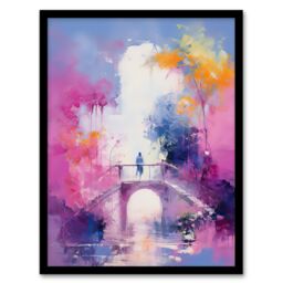 Artery8 Wall Art Print Bridge of Dreams Abstract Oil Painting Pink Blue Orange Framed Art - Size: A4 - thumbnail 1