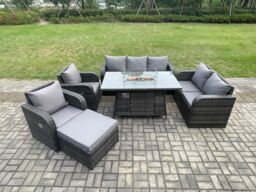 Fimous PE Wicker Outdoor Rattan Garden Furniture Set Propane Gas Fire Pit Table & Sofa Chair set with Big Footstool in Dark Grey - thumbnail 1