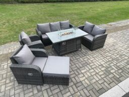 Fimous PE Wicker Outdoor Rattan Garden Furniture Set Propane Gas Fire Pit Table & Sofa Chair set with Big Footstool in Dark Grey - thumbnail 3