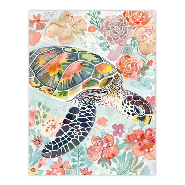 "Artery8 Colourful Sea Turtle Marine Flowers Watercolour Wall Art Print - Size: W24"" x H32""" - image 1