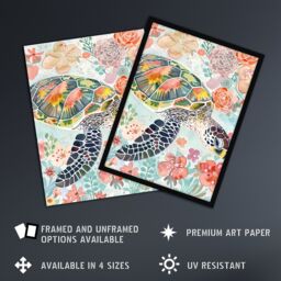 "Artery8 Colourful Sea Turtle Marine Flowers Watercolour Wall Art Print - Size: W24"" x H32""" - thumbnail 2