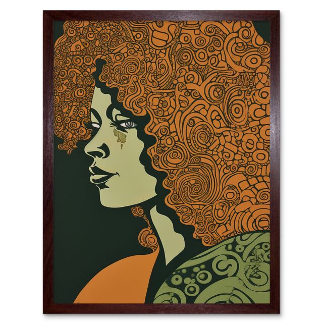 "Artery8 Wall Art Print Woman Portrait with Pattern Afro Hair Art Framed in Brown - Size: W12"" x H16""" - image 1