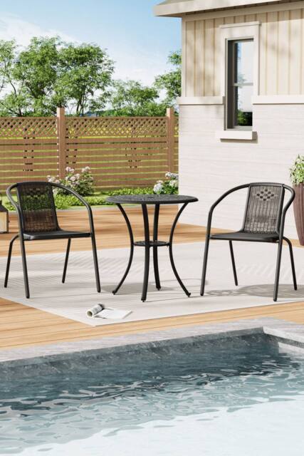 Living and Home Cast Aluminum Garden Dining Table with 2 PE Rattan Stacking Chairs in Black