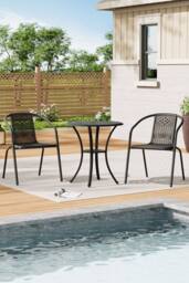 Living and Home Cast Aluminum Garden Dining Table with 2 PE Rattan Stacking Chairs in Black - thumbnail 1