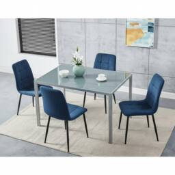 KOSY KOALA Modern Grey Glass Dining Table Set with 4 blue velvet Chairs - Size: 120 cm x 70 cm