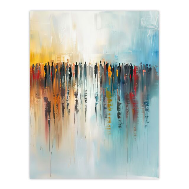 "Artery8 Crowd of People Colourful Misty Abstract Painting Wall Art Print in Blue - Size: W12"" x H16""" - image 1