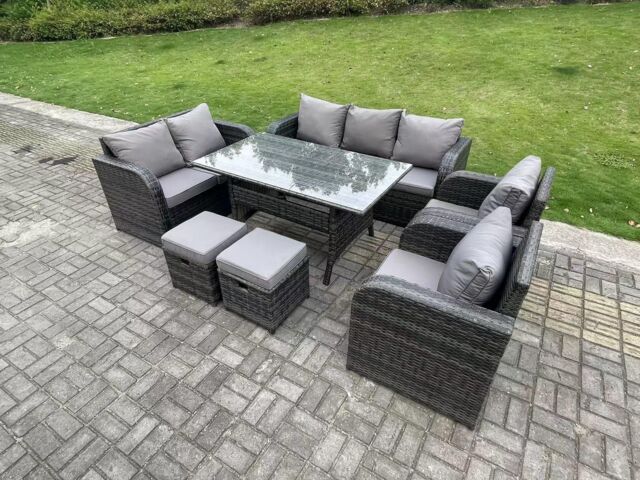 Fimous 9 Seater Rattan Garden Furniture Set Reclining Chair Love Seat 3 Seater Sofa Set Outdoor Dining Table Stools in Dark Grey - image 1