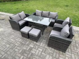Fimous 9 Seater Rattan Garden Furniture Set Reclining Chair Love Seat 3 Seater Sofa Set Outdoor Dining Table Stools in Dark Grey - thumbnail 2