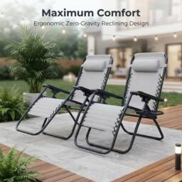Alivio Set of 2 Heavy-Duty Zero Gravity Reclining Sunloungers Patio Chairs with Mobile Cup Holder in Light Grey - thumbnail 6