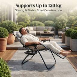 Alivio Set of 2 Heavy-Duty Zero Gravity Reclining Sunloungers Patio Chairs with Mobile Cup Holder in Light Grey - thumbnail 3