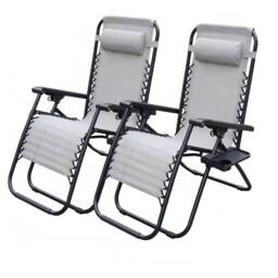 Alivio Set of 2 Heavy-Duty Zero Gravity Reclining Sunloungers Patio Chairs with Mobile Cup Holder in Light Grey