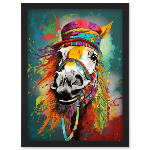 Artery8 Hippie Horse with Multicoloured Hat & Bridles Artwork Framed Wall Art Print A4 in Black - image 1