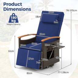 Costway 360° Swivel Rattan Recliner Chair Patio Wicker Chaise Lounge Chair in Navy - thumbnail 2