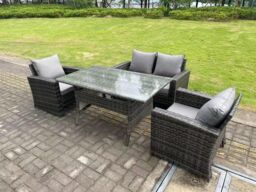 Fimous 4 Seater Outdoor Dark Grey Mixed High Back Rattan Sofa Dining Table Set Garden Furniture With Arm Chairs - thumbnail 2