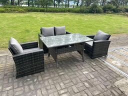 Fimous 4 Seater Outdoor Dark Grey Mixed High Back Rattan Sofa Dining Table Set Garden Furniture With Arm Chairs - thumbnail 1